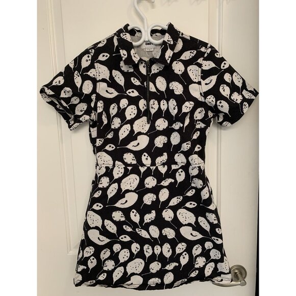 Obey Leaves Dress Collar Short Sleeve Quarter Zip Mini Black White Thick Cotton - Picture 1 of 9